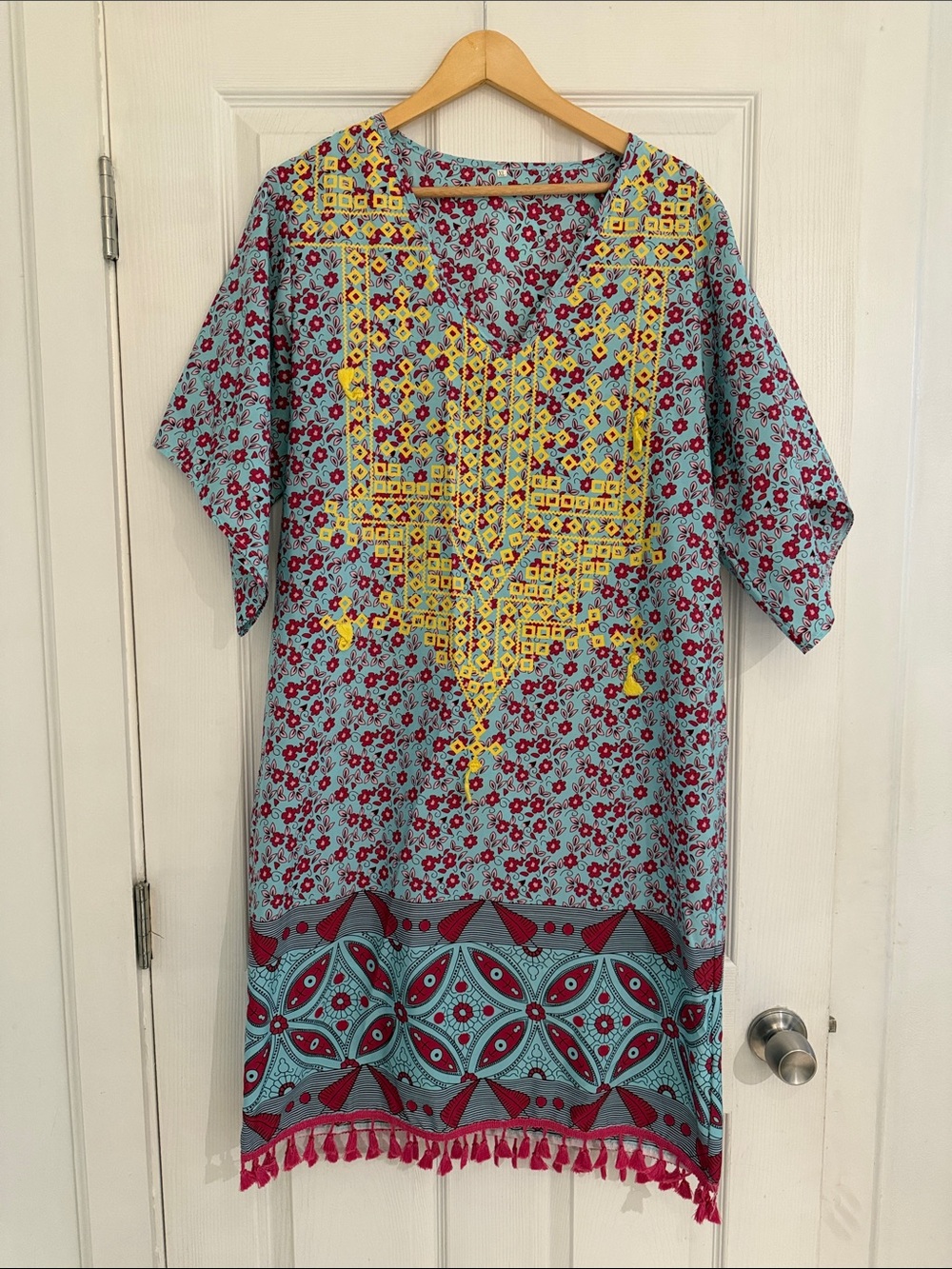 Bohemian Floral Embroidered Caftan Dress in Blue and Yellow